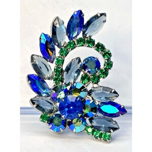 Vintage Juliana Style D&E Blue Green Art Glass Rhinestone Brooch Vintage